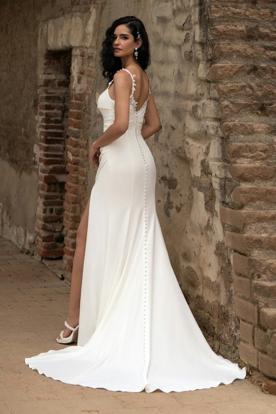 Cowl Neck Crepe Wedding Dress with High Slit