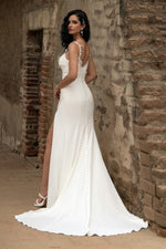 Cowl Neck Crepe Wedding Dress with High Slit