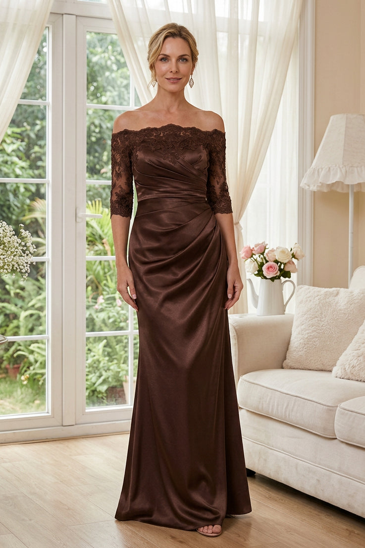 Off-the-Shoulder Lace & Ruched Satin Gown