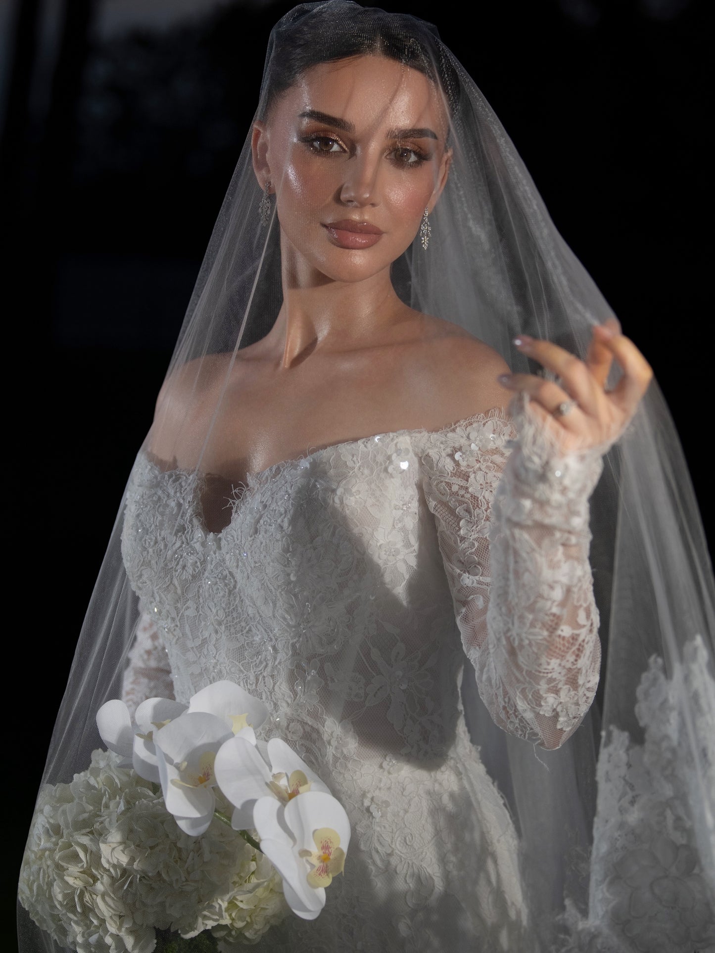 Off-Shoulder Lace Long Sleeve Wedding Gown