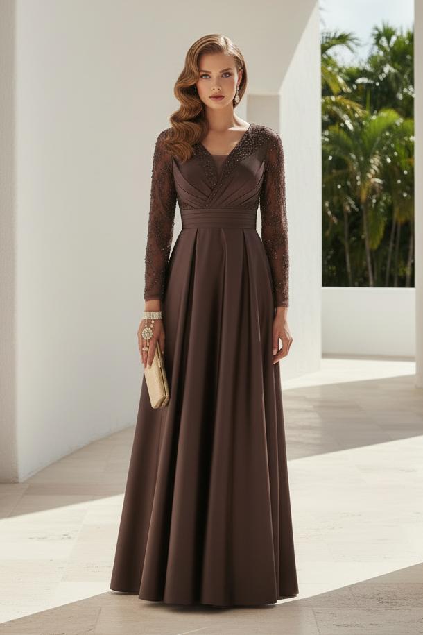 Beaded Long Sleeve Satin A-Line Evening Gown