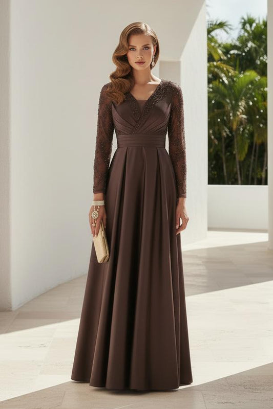 Beaded Long Sleeve Satin A-Line Evening Gown