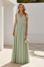 Pleated V-Neck Lace Back Chiffon Gown