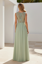 Pleated V-Neck Lace Back Chiffon Gown