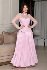 Elegant Lace High-Neck Corset and Pleated Maxi Dress