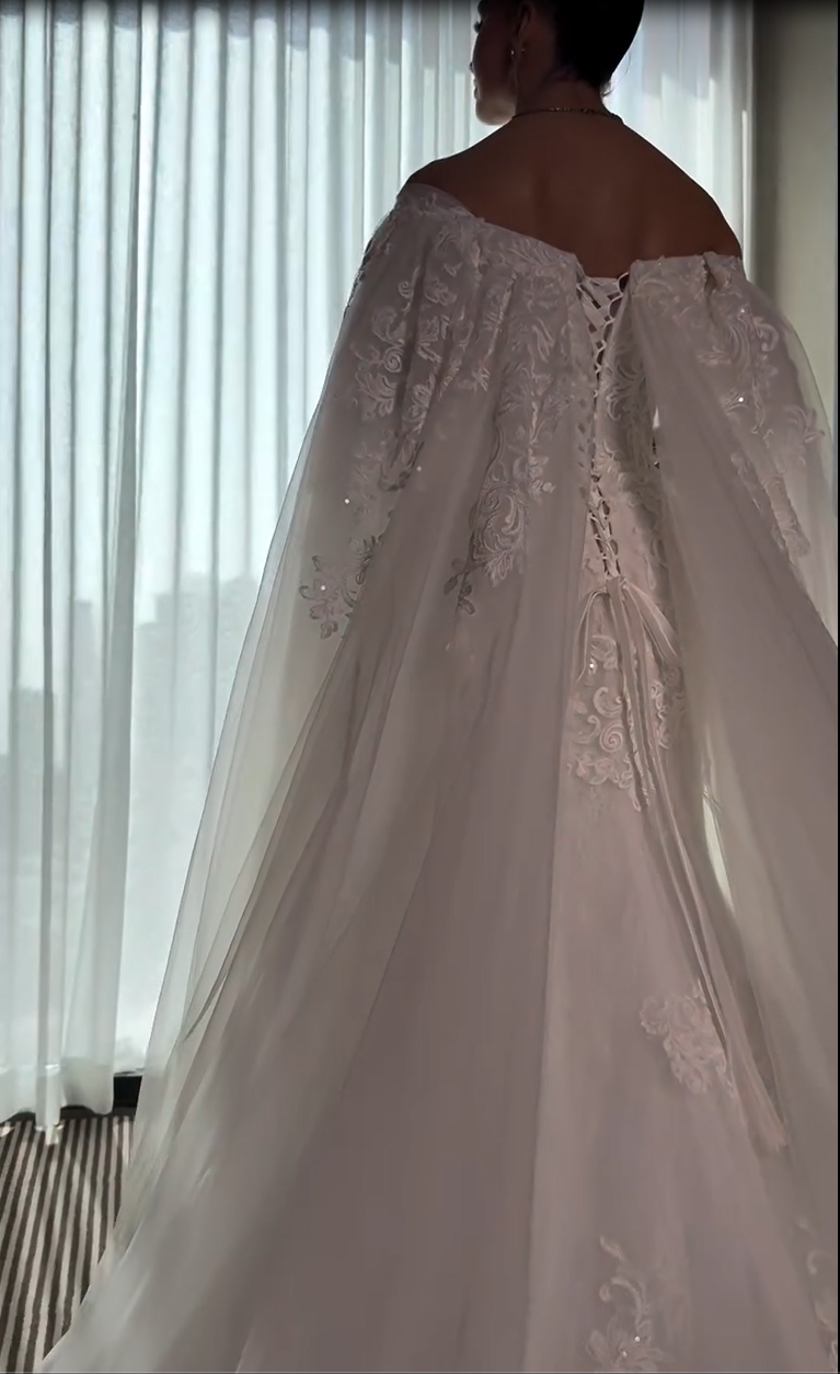 Lace Applique Off-the-Shoulder Cape Wedding Dress