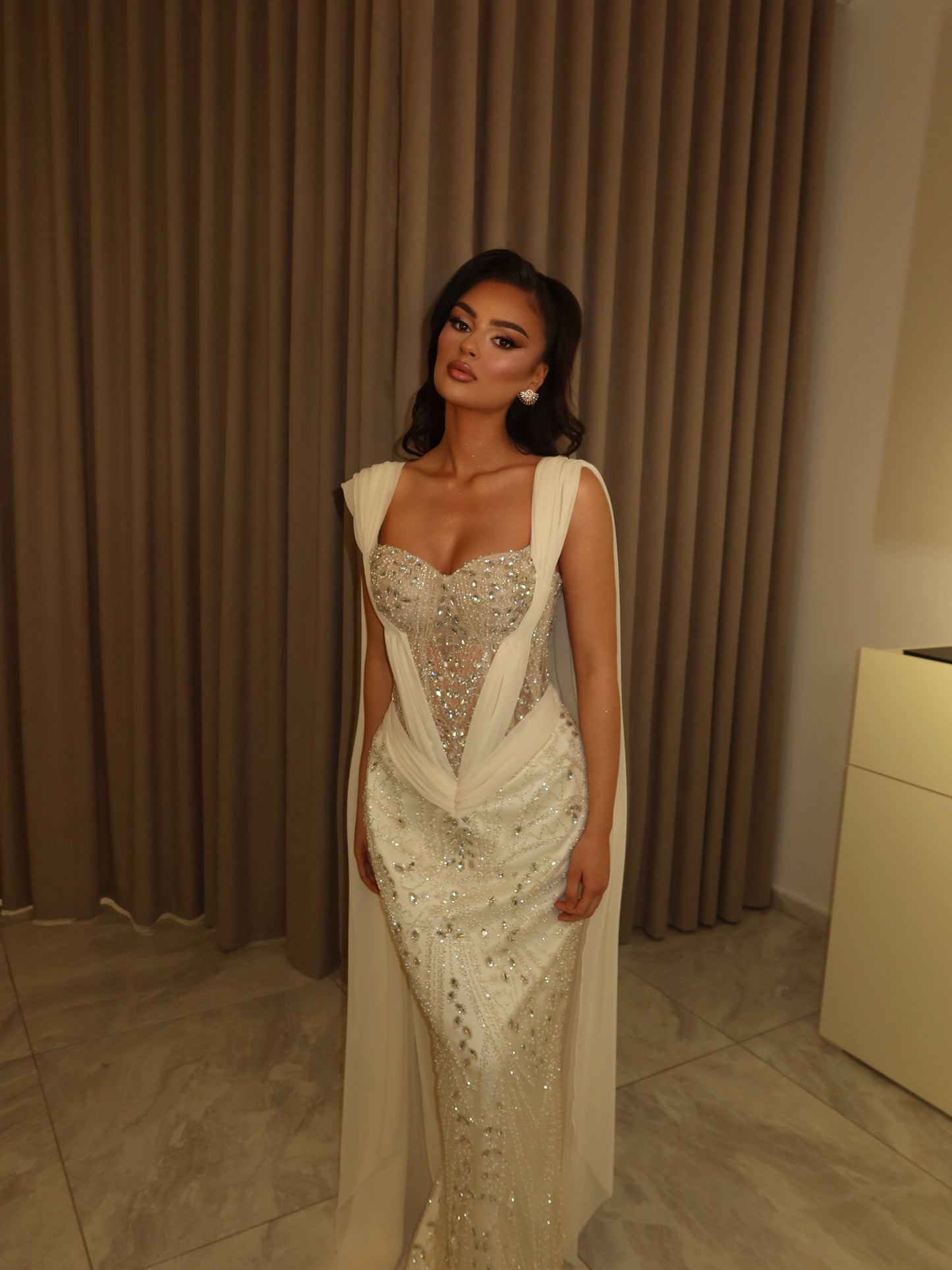 Beaded Mermaid Corset Gown with Chiffon Cape