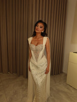 Beaded Mermaid Corset Gown with Chiffon Cape