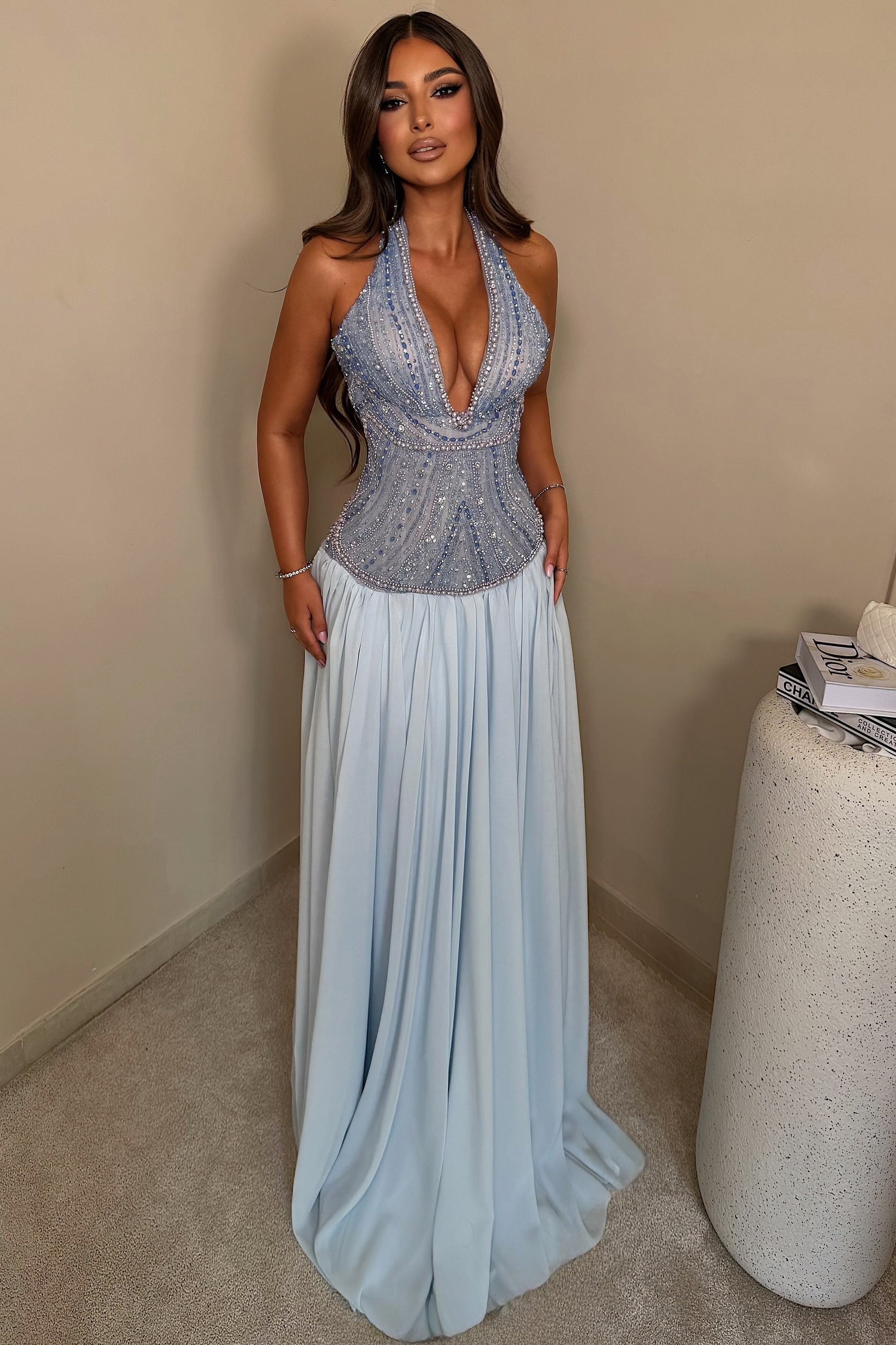 Beaded Halter Evening Gown with Pleated Skirt