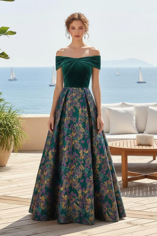 Off-the-Shoulder Velvet and Jacquard A-Line Gown