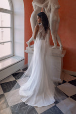 High-Neck Illusion Back Crepe Wedding Dress