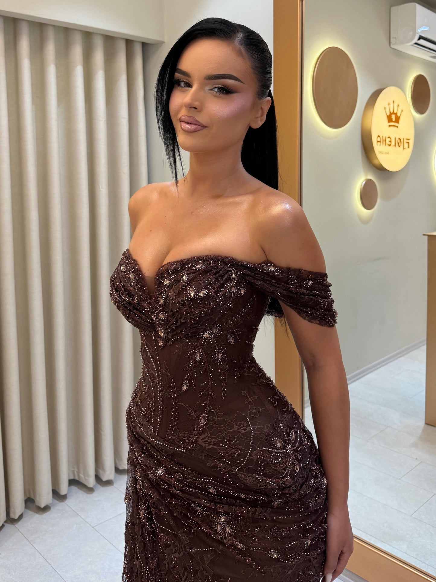 Off-the-Shoulder Beaded Lace Corset Gown
