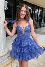 Tiered Lace Mini Dress with Bow Straps