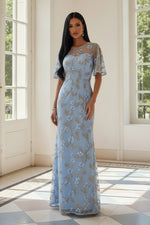 Embroidered Floral Illusion Flutter Sleeve Gown