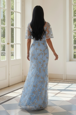 Embroidered Floral Illusion Flutter Sleeve Gown