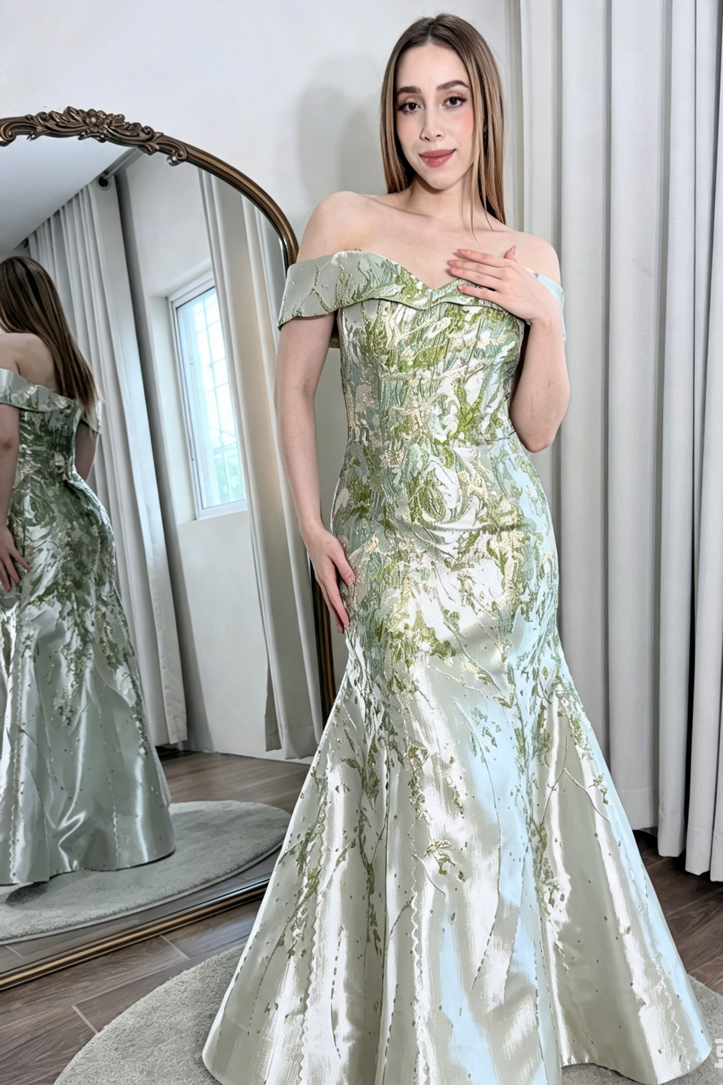 Off Shoulder Mermaid Gown with Floral Jacquard Print