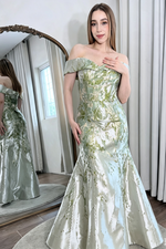 Off Shoulder Mermaid Gown with Floral Jacquard Print