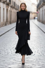 High-Neck Long-Sleeve Midi Dress with Pleated Ruffle