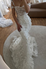 3D Floral Applique Mermaid Wedding Gown with Overskirt