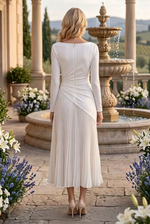 Ruched Long-Sleeve Dress with Pleated Skirt