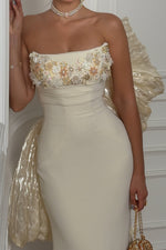 Strapless Floral Applique Gown with Oversized Bow