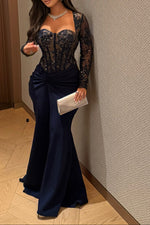 Corset Lace Sequin Evening Gown with Long Sleeves