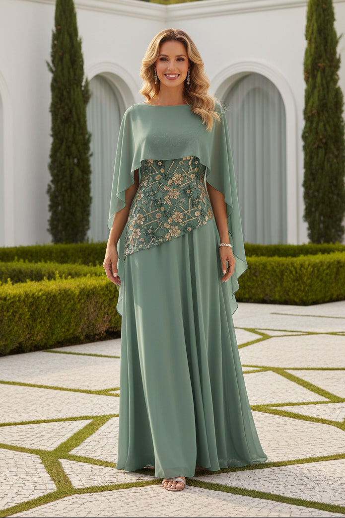 Cape Sleeve Chiffon Gown with Sequin Floral Waist Detail