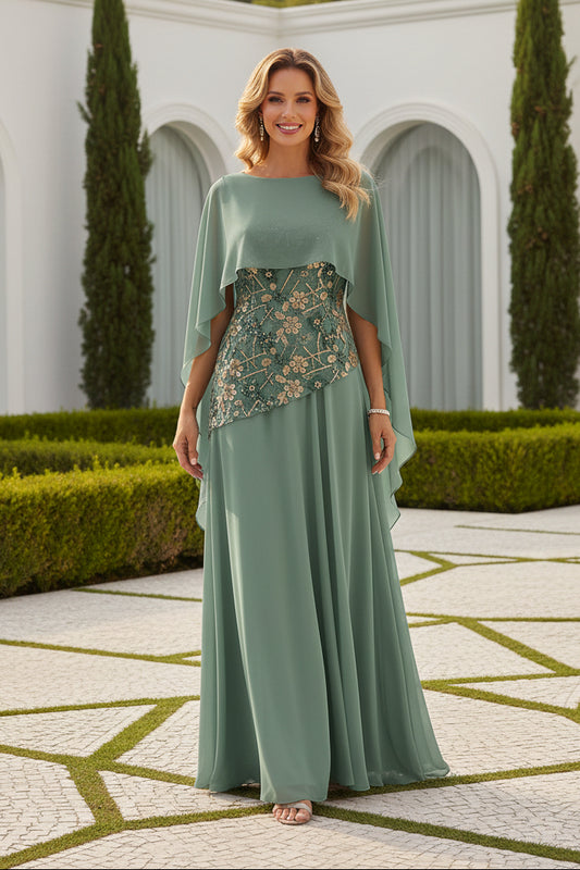 Cape Sleeve Chiffon Gown with Sequin Floral Waist Detail