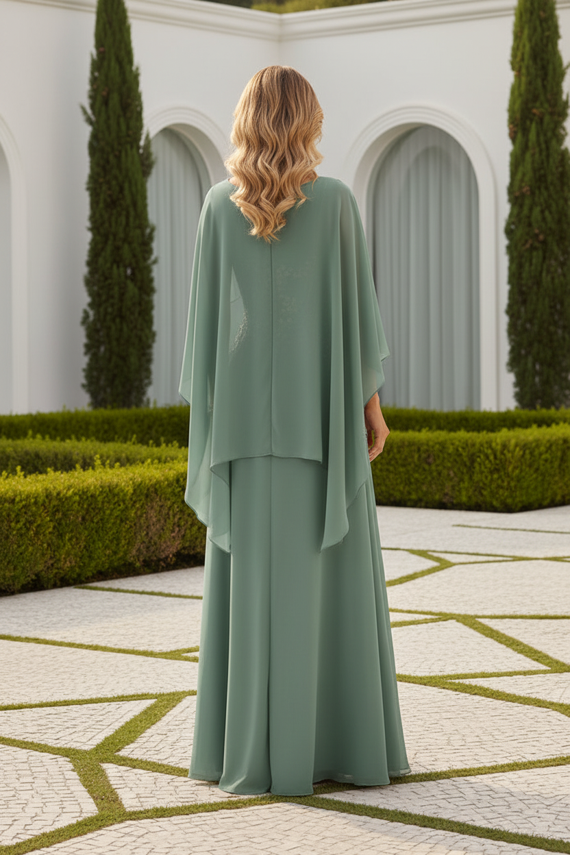 Cape Sleeve Chiffon Gown with Sequin Floral Waist Detail