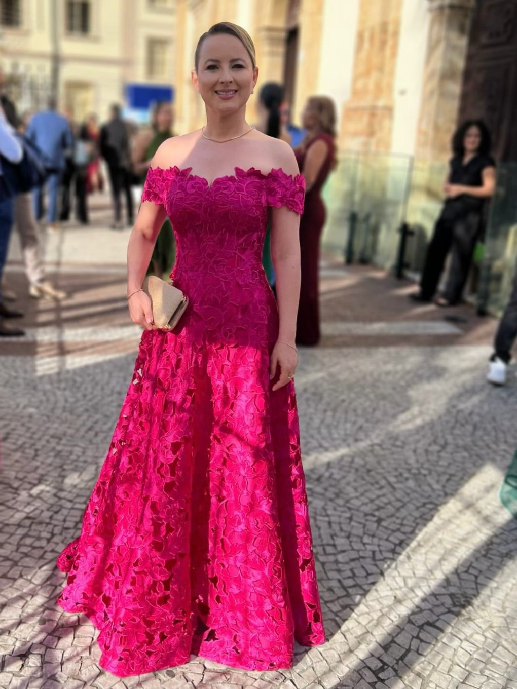 Scalloped Off-The-Shoulder Floral Lace Gown
