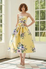 Strapless Floral Tea-Length Ball Gown Dress
