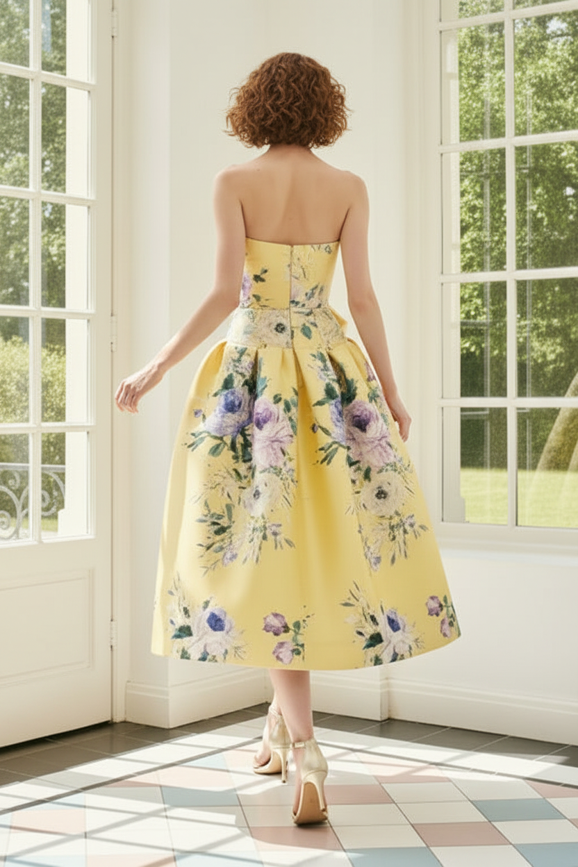 Strapless Floral Tea-Length Ball Gown Dress