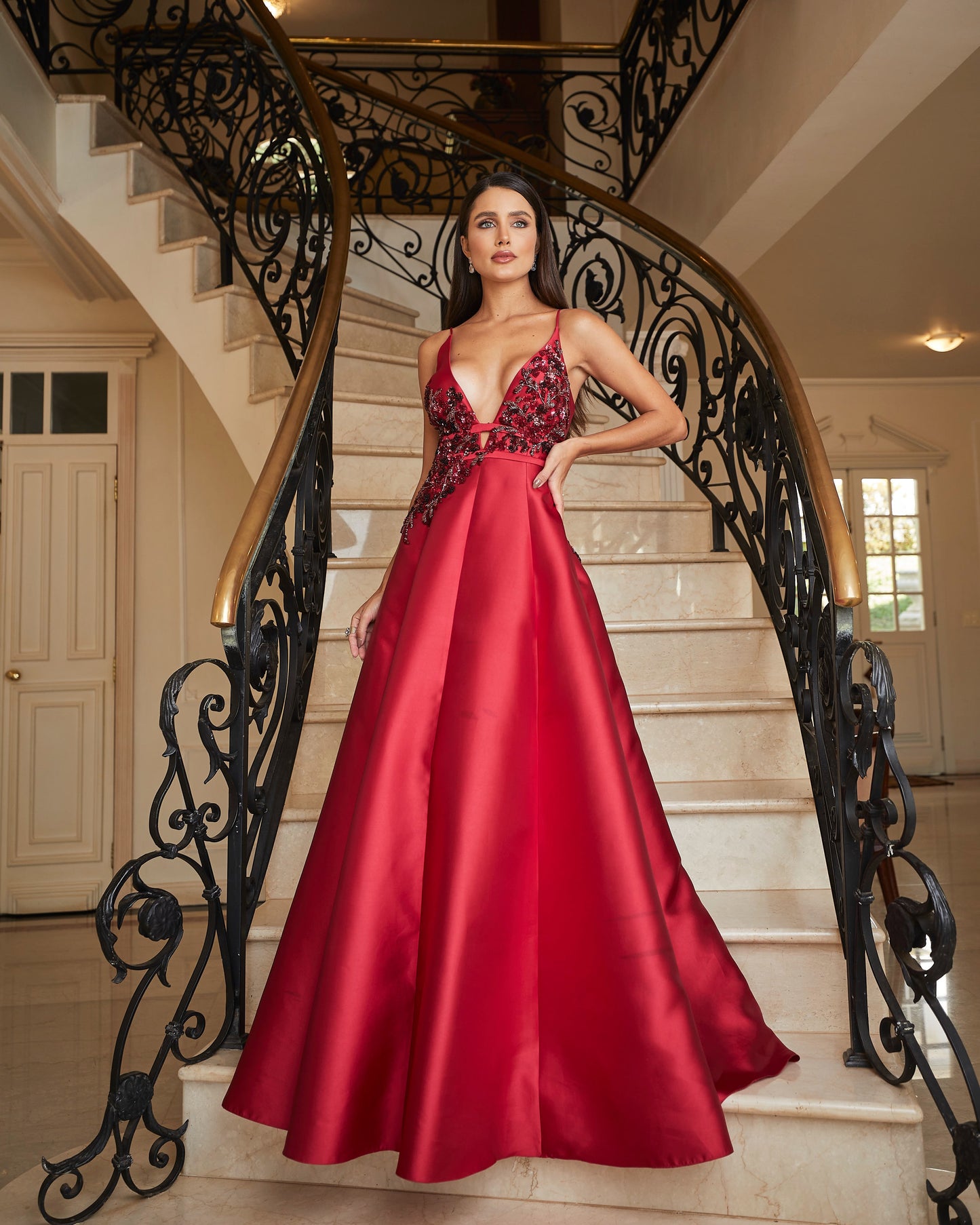 Plunging Deep V-Neck Beaded Satin A-Line Evening Gown