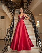 Plunging Deep V-Neck Beaded Satin A-Line Evening Gown