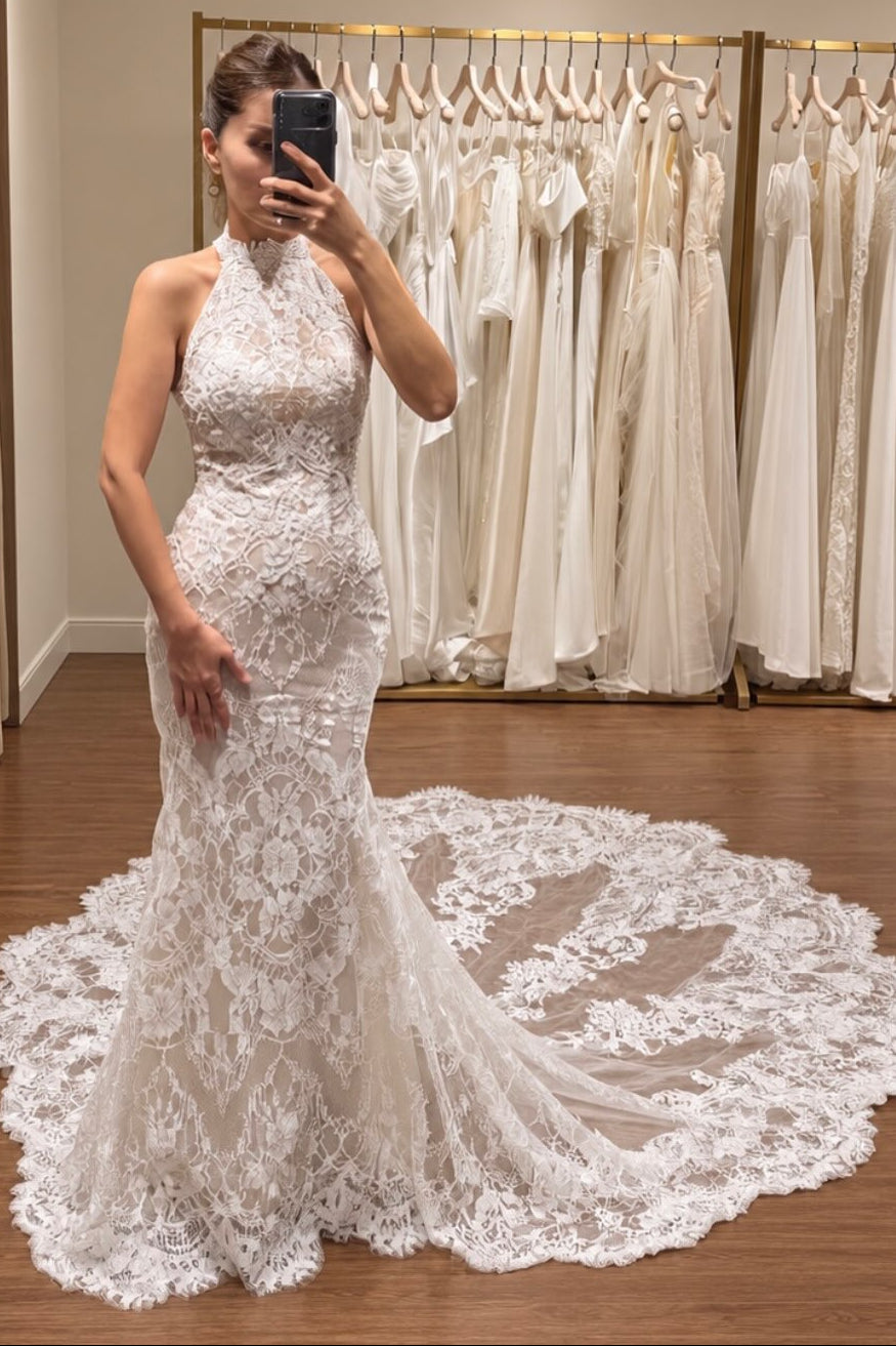 Halter Lace Mermaid Wedding Dress with Train