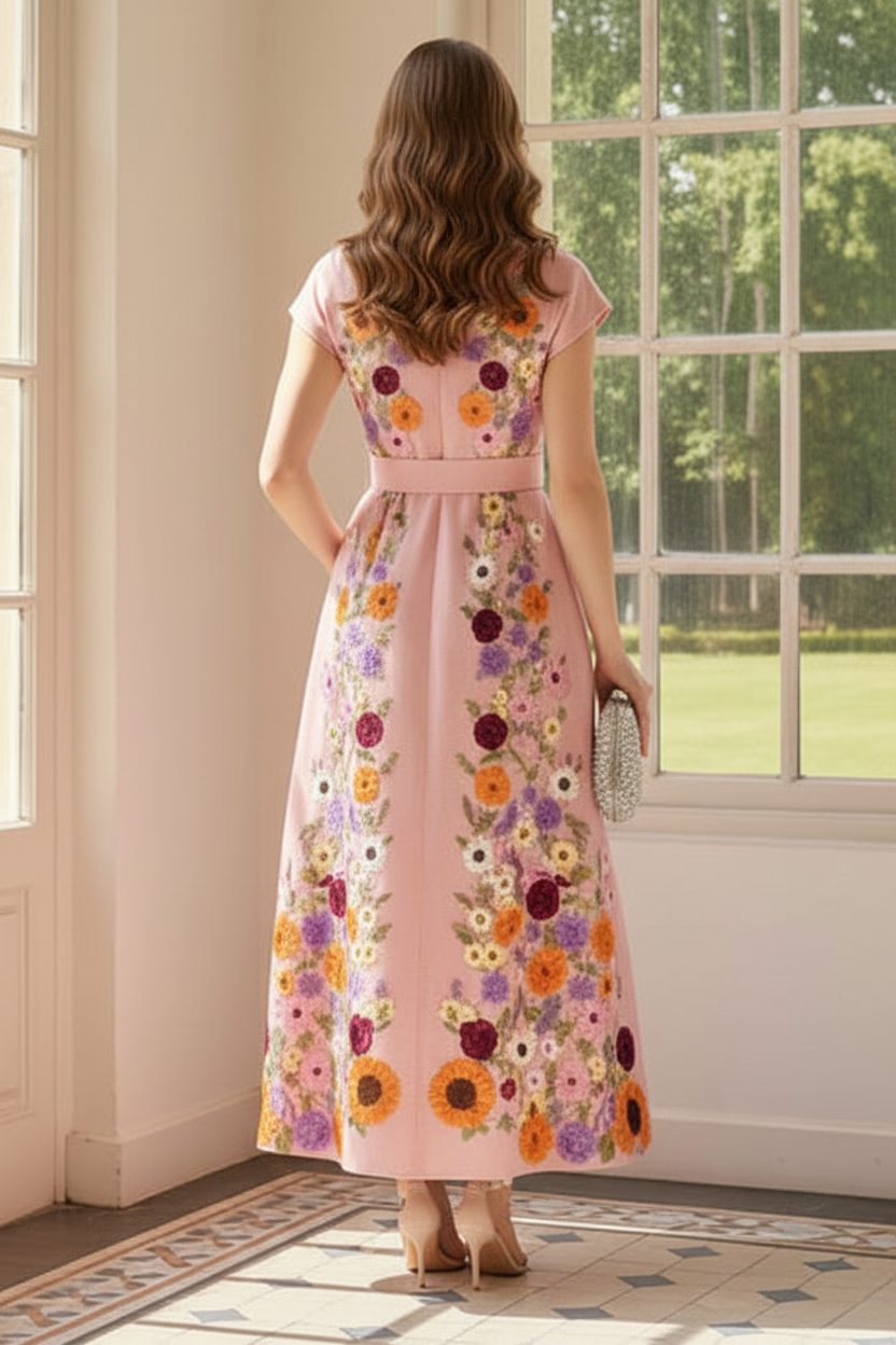 Floral Embroidered Belted Midi Dress