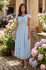 Cowl Neck A-Line Dress with 3D Florals
