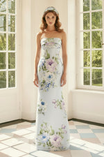 Strapless Floral Evening Gown with Cascading Back Ruffle
