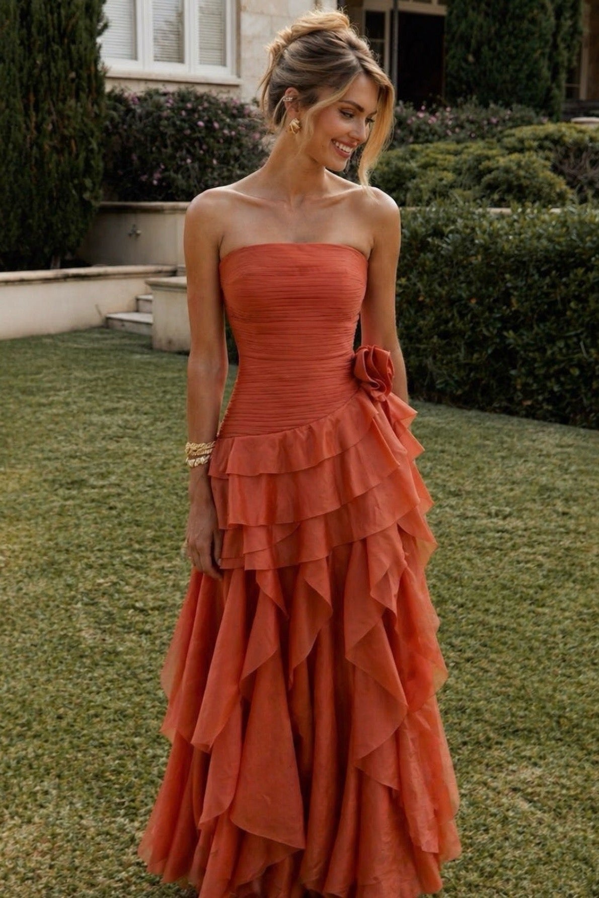 Strapless Ruched Organza Gown with Cascading Ruffles