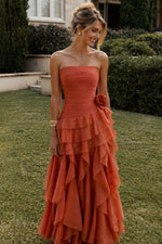 Strapless Ruched Organza Gown with Cascading Ruffles