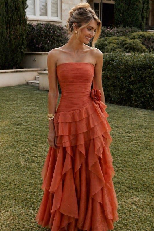 Strapless Ruched Organza Gown with Cascading Ruffles