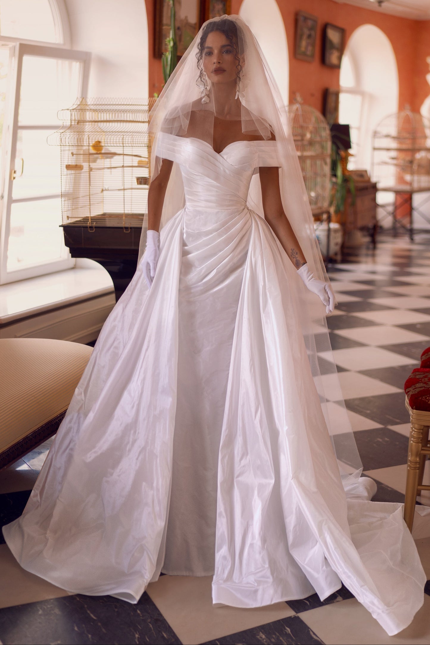 Off-the-Shoulder Satin Wedding Dress with Overskirt