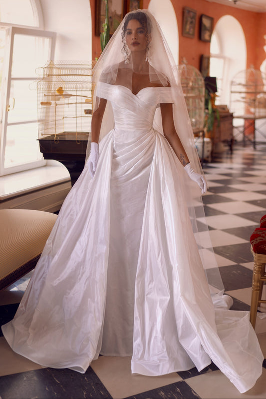 Off-the-Shoulder Satin Wedding Dress with Overskirt