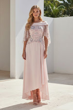 Off-Shoulder Capelet Embroidered High-Low Gown
