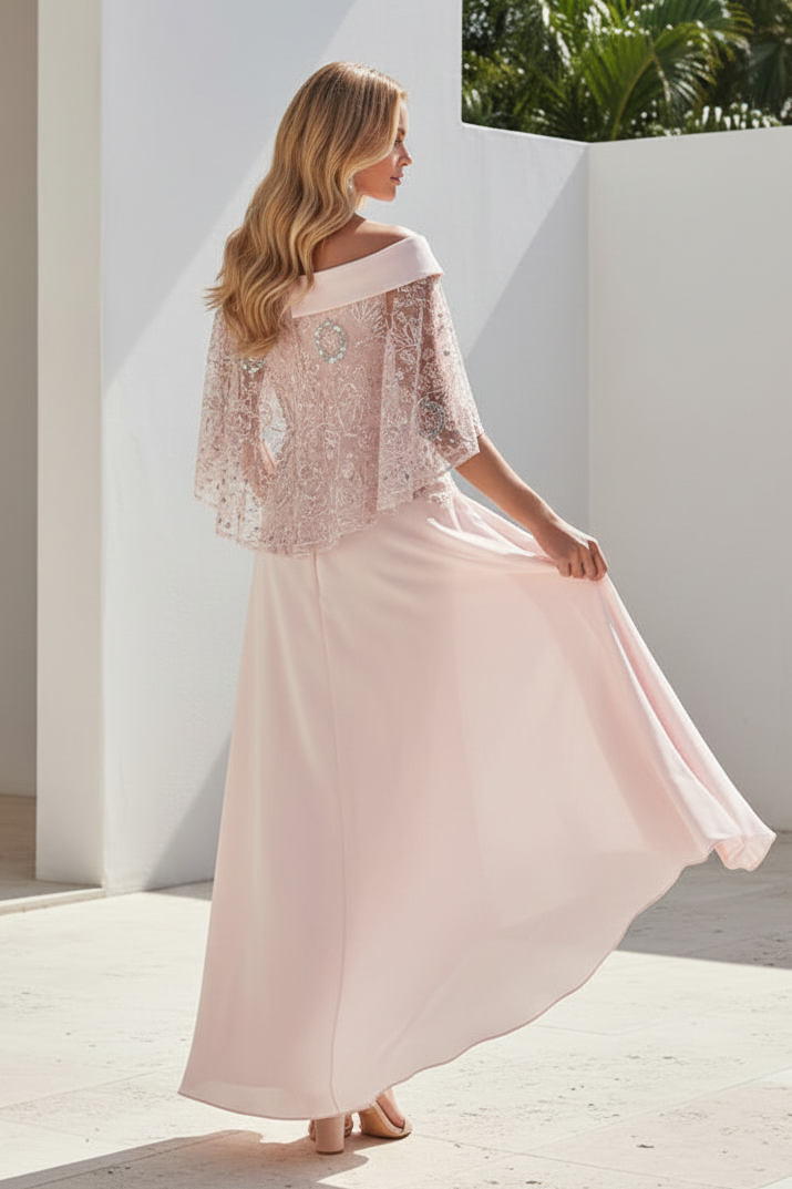 Off-Shoulder Capelet Embroidered High-Low Gown