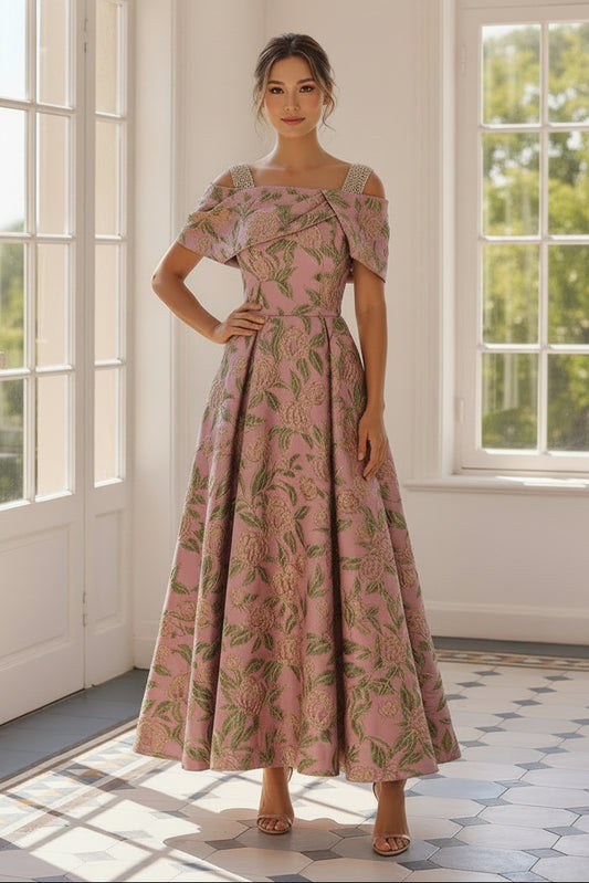 Off-Shoulder Floral Jacquard A-Line Tea-Length Dress