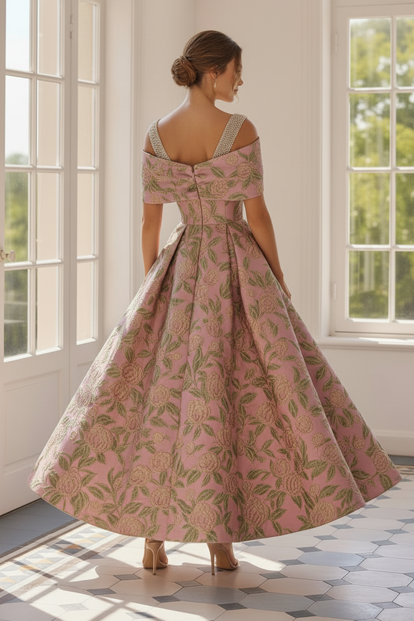 Off-Shoulder Floral Jacquard A-Line Tea-Length Dress