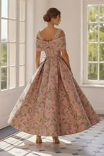 Off-Shoulder Floral Jacquard A-Line Tea-Length Dress