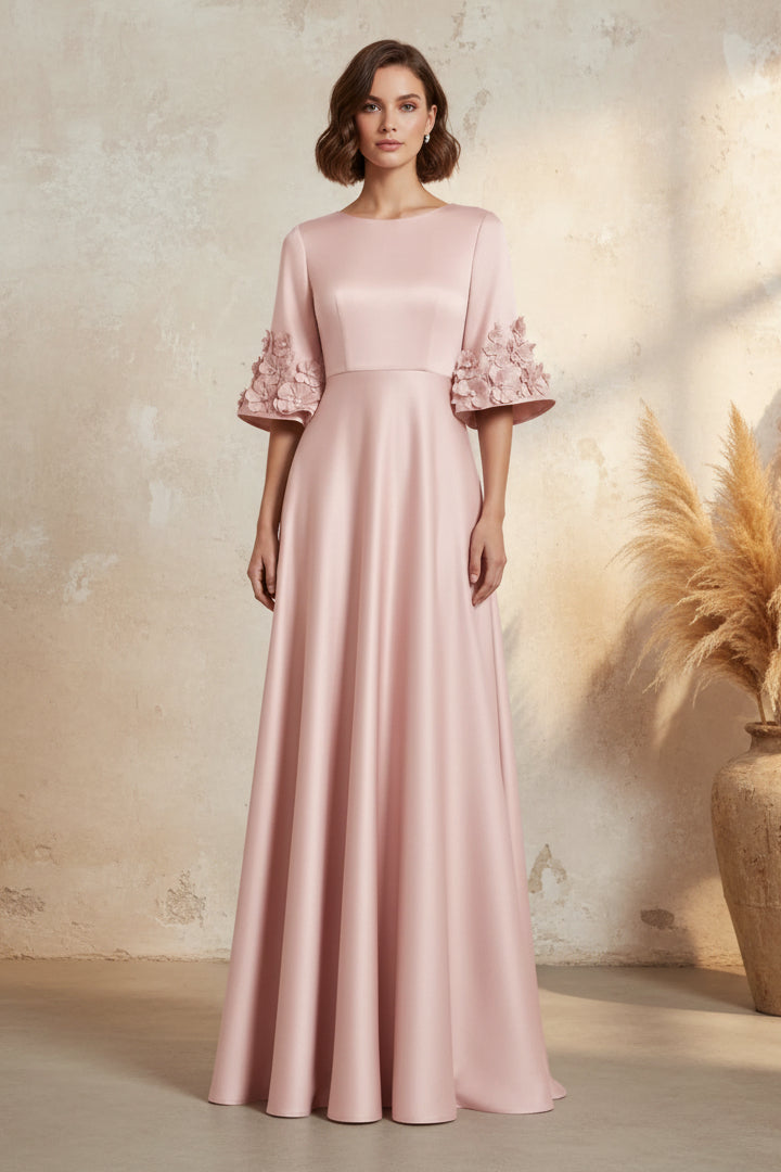 Satin A-Line Evening Gown with 3D Floral Bell Sleeves