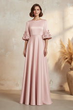 Satin A-Line Evening Gown with 3D Floral Bell Sleeves